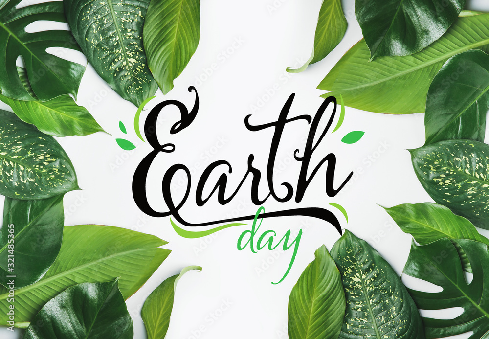 Text EARTH DAY and fresh tropical leaves on white background - obrazy, fototapety, plakaty 