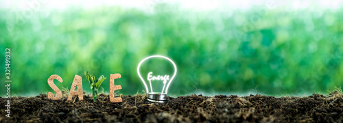 Fotografía text Save with the light bulb with the energy illuminated on the ground completely