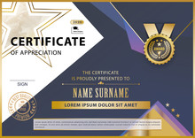 Official White Certificate With Gold Blue Lilac Triangles, Line . Business Modern Design. Black Emblem.