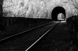 Schienen Tunnel schwarz weiß Hönnetal Gleise Eisenbahn Strecke Schotter Profil Stahl Rost Schrauben Verkehr Transport Zukunft Nebenstrecke Hauptstrecke Deutschland Sauerland Detail Perspektive