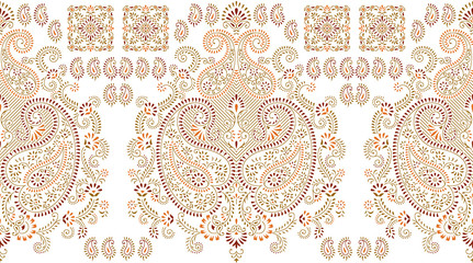 Wall Mural - Seamless brown paisley border on white background with traditional Asian design elements