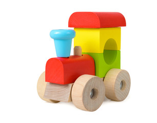 colorful wooden toy train isolated on white background