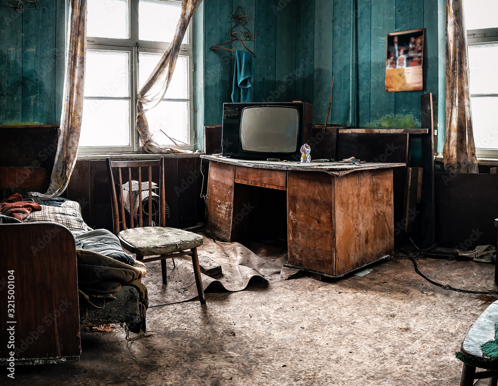 old tv and different garbage in abandoned room - obrazy, fototapety, plakaty 