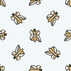 Wall Mural - Kawaii doodle butterfly seamless vector pattern. Hand drawn naive monarch insect background. Wildlife ecology flying bug cute home decor. Lepidoptera, flying, kids, children, nature. Vector EPS 10. 