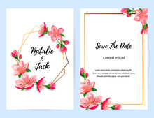 Spring Invitations With Blossom Sakura, Cherry Flowers. Place For Text. Great For Oriental Ivite, Flyer, Beauty Offer, Wedding, Bridal Shower, Poster, Baby Shower, Mother's And Woman's Day.
