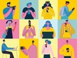 © virinaflora - Stay mobile. Connection background with people with laptop and smartphones. Chat, email messaging, sms, mobile concepts for web sites, web banners in modern flat design