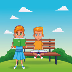 Wall Mural - cartoon girl reading a book and blonde boy sitting on a bench