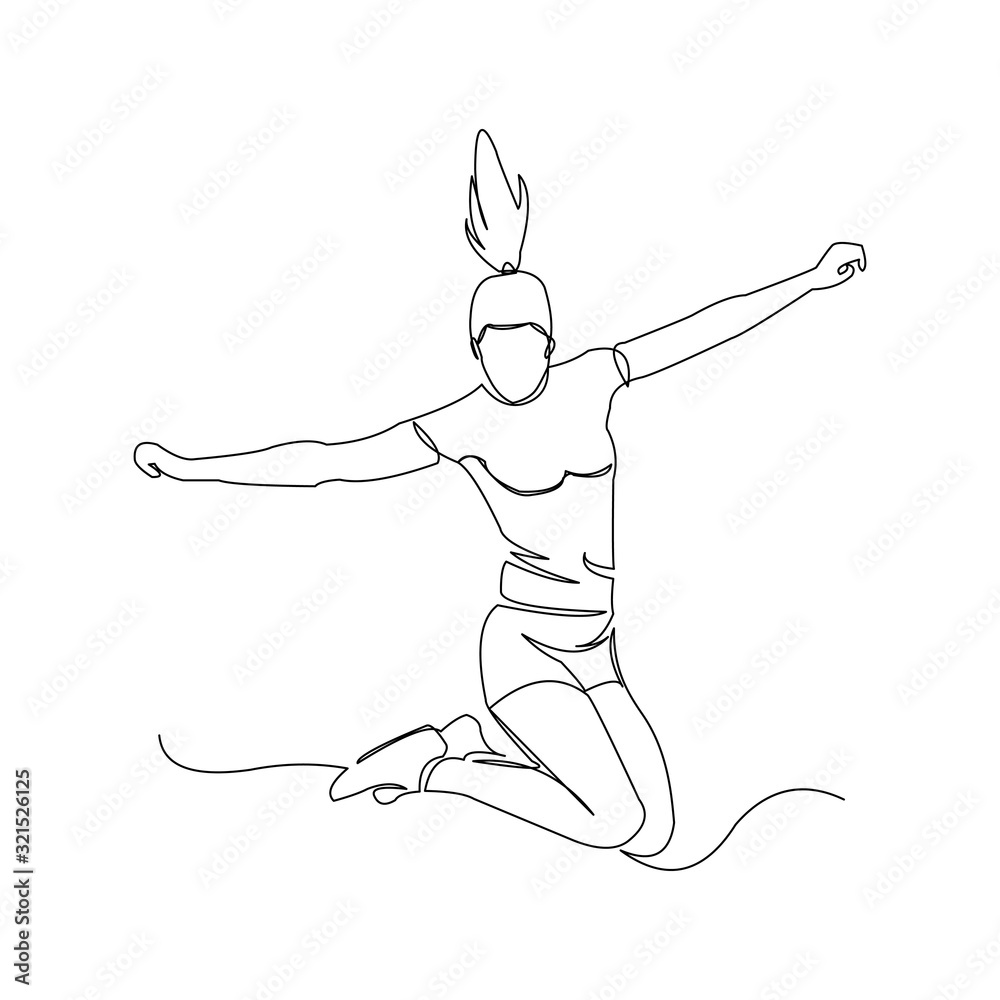 Continuous line drawing of happy jumping woman celebrate the success ...