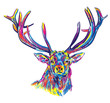 Deer with big horns. Stylish multi-colored print.
