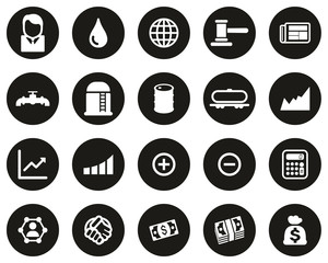 Sticker - Oil Trade Icons White On Black Flat Design Circle Set Big