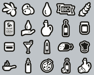 Wall Mural - Olive & Olive Oil Icons White On Black Sticker Set Big