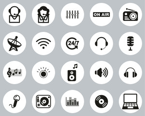 Sticker - Radio Station & Radio Equipment Icons Black & White Flat Design Circle Set Big