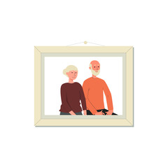 Grandparent couple portrait inside picture frame - cartoon old people