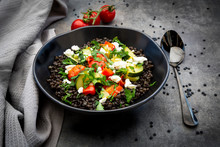 Beluga Lentils With Tomatoes, Peppers, Zucchini, Feta, Mint And Parsley
