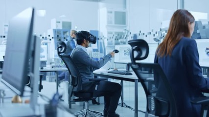 Poster - Modern Factory: Industrial Design Engineer Wearing Virtual Reality Headset and Holding Controllers, Uses VR technology for Industrial Design, Development and Prototyping in CAD Software on Computer.
