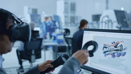 Poster - Modern Industrial Factory: Mechanical Engineer Wearing Virtual Reality Headset, Holding Controllers, Uses VR technology for Industrial Design, Development and Prototyping in CAD Software on Computer.