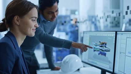 Modern Factory Office: Portrait of Male Project Supervisor Talking with a Female Industrial Engineer, They Point at Computer Display Showing CAD Software with 3D Engine Concept. Team Problem Solving