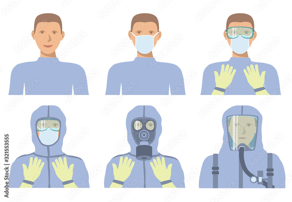 Personal protective equipment against biochemical threats. Different levels of protection. - obrazy, fototapety, plakaty 