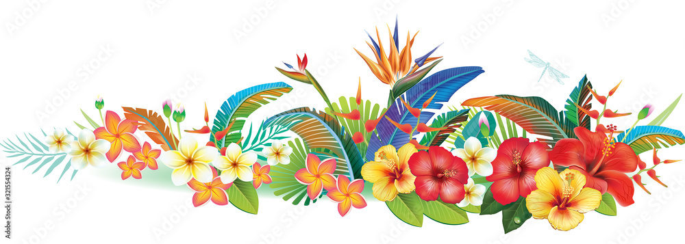 Border with tropical jungle plants and flowers - obrazy, fototapety, plakaty 