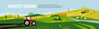 Harvest season and agriculture concept. Farm landscape, panoramic scenery of countryside in autumn. Vector illustration of tractors, plowing land, combine harvester and hayfield with haystack rolls.