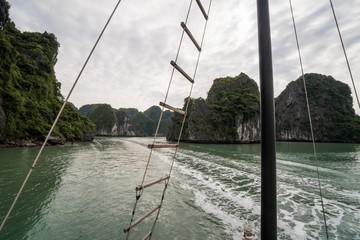 Panoramic view of Ha Long Bay area, a beautiful touristic place with karst mountains in the sea, in Vietnam