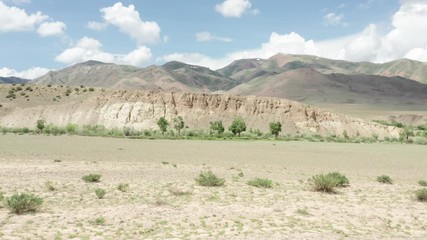 Wall Mural - Altai desert valley landscape, aerial drone view. Flying low over dry arid land and green trees to panoramic mountain view. Natural scenery near Chagan-Uzun, Altai Republic, Siberia, Russia