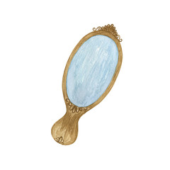 Old-fashioned hand mirror watercolor isolated object on the white background, vintage accessory illustration