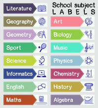 Rectangular Color Labels With Names And Icons Of School Subjects. Natural And Mathematical Science, Additional Education, Tutorship, Freelance, Sport And Art. 