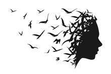 Black Girl Silhouette With Birds On White Background
