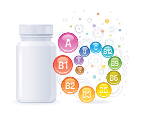 Multi vitamin complex supplement. 3d mockup with empty bottle vitamins a, b1, b2, b3, b5, b6, b9, b12, c, d, e, k. Trendy health realistic multivitamin complex poster. Isolated on white background.