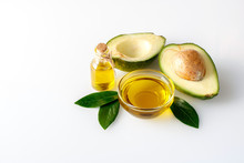 Avocado Oil For Healthy Skin And Hair On A White Background.