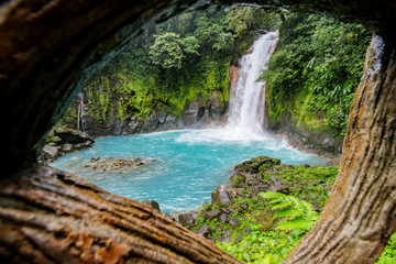 Peek at the famous Rio Celeste waterfall, Tenorio national park, Costa Rica