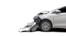 Front Of White Color Car Big Damaged And Broken By Accident. Save With Clipping Path.