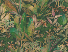 Tropical Seamless Pattern With Tropical Flowers, Banana Leaves.