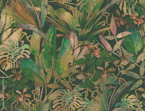 Obraz w ramie Tropical seamless pattern with tropical flowers, banana leaves.