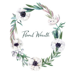 Wall Mural - Botanical round wreath, watercolor hand drawn vector illustration