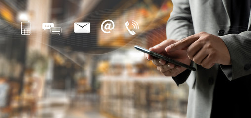 Poster - (Customer Support Hotline people CONNECT ) phone application CONTACT US man cellphone
