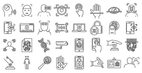 Poster - Modern biometric authentication icons set. Outline set of modern biometric authentication vector icons for web design isolated on white background