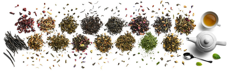 Large assortment of tea on a white background. The view from the top