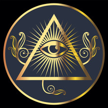 All-seeing Eye In A Triangle. The Symbolic Image Of The Pyramid And Its Various Mystical Components.