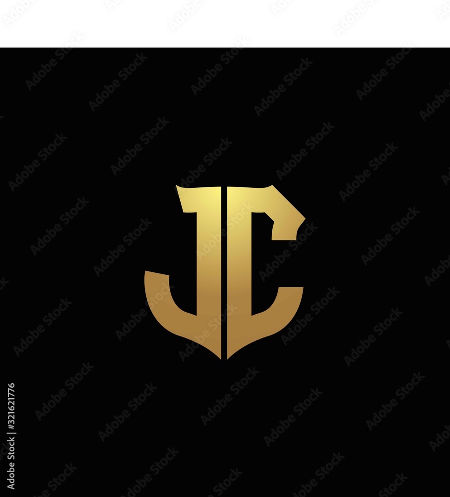JC logo monogram with gold colors and shield shape design template ...