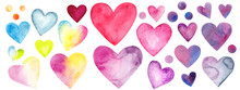 Hand Drawn Watercolor Bright And Colorful Hearts Isolated On White Background