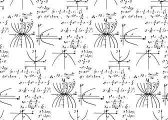 Retro education and scientific background. Math law theory and mathematical formula, equation and scheme on whiteboard. Vector hand-drawn seamless pattern.