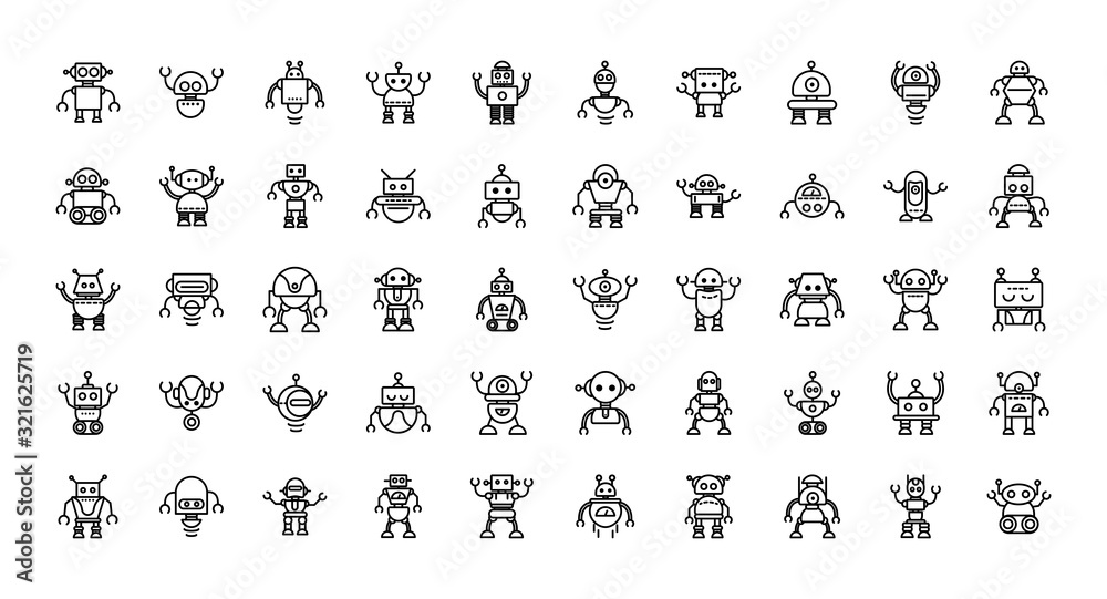 robot technology character artificial machine icons set linear - obrazy, fototapety, plakaty 