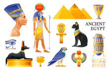 Ancient Egypt Icon Set. 3d Ra Sun God, Nefertiti, Cleopatra Queen, Pharaoh Pyramid, Lotus Vase, Eye, Scarab, Bastet Cat, Ankh Coptic Cross, Horus Falcon, Anubis Dog Tomb. Cartoon Vector Egypt Old Art