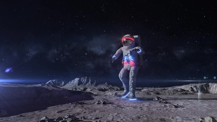 Wall Mural - Funny Dancing Astronaut With Neon Light Spacesuit On The Moon. Shuffling On The Moon