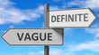 © GoodIdeas - Vague and definite as a choice - pictured as words Vague, definite on road signs to show that when a person makes decision he can choose either Vague or definite as an option, 3d illustration