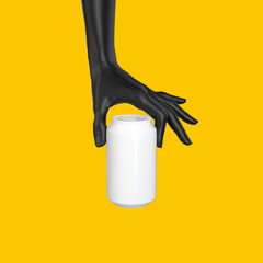 Black abstract hand gesture holding white can isolated on yellow backgrounds, display beverage banner mockup, soda drink advertising creative design concept, 3d rendering