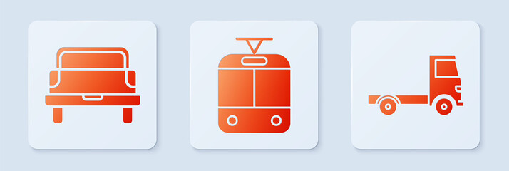 Set Tram and railway, Pickup truck and Delivery cargo truck vehicle. White square button. Vector