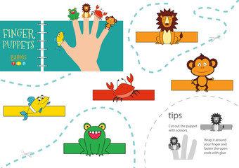 5 finger puppet vector animals. Cut and glue educational worksheet for preschool or school kids